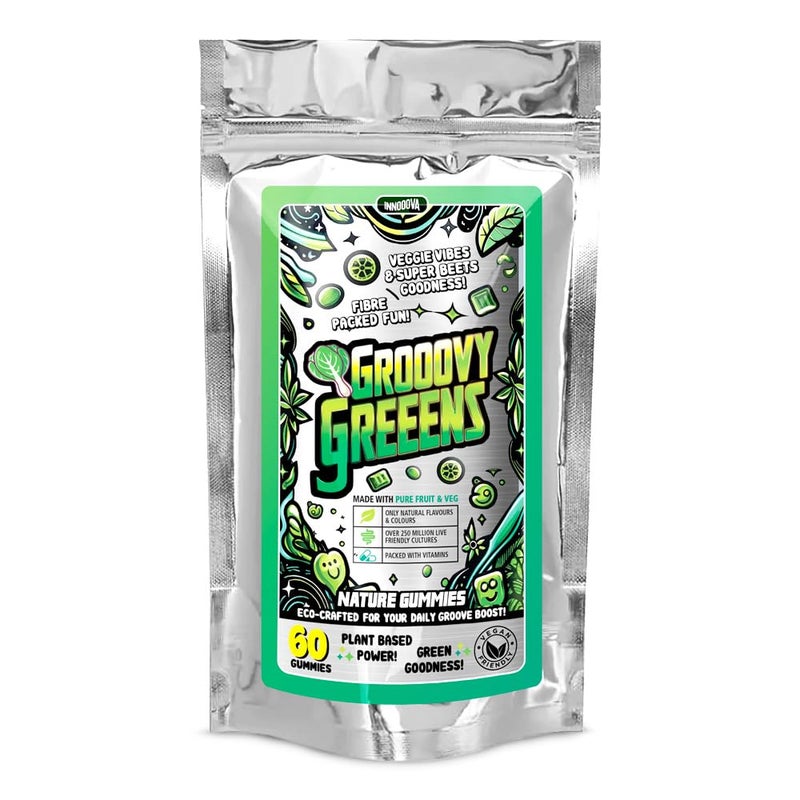 Innooova Grooovy Greeens, Gummies with Powerful Blend of Fruit and Vegetable Extracts to Support Gut Health and Digestion and Boost Energy, Suitable for Vegans, Orange and Lemon Flavour 60 Gummmies